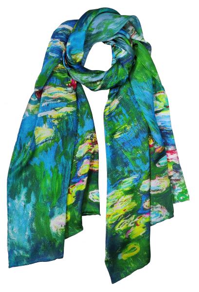 Scarf 100% Silk Green Blue Flower